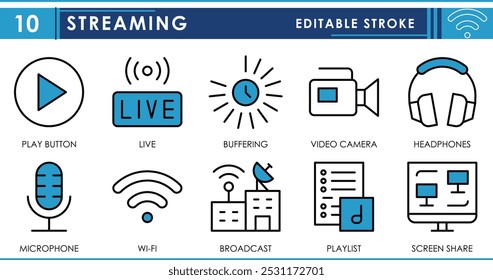 A set of line icons related to Streaming. Video, play, live, buffering, video camera, headphone, screen share, and so on. Vector editable stroke.