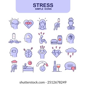 Conjunto de iconos de línea relacionados con el estrés. Burnout emocional, depresión, insomnio, irritabilidad y problemas mentales. Trazo editable. Colección plana de la Ilustración vectorial del contorno aislada en el fondo