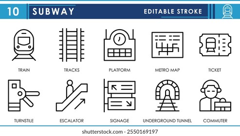 Um conjunto de ícones de linha relacionados ao metrô. Comboio, plataforma, bilhete, metro, escada rolante, e assim por diante. Traçado editável de vetor.