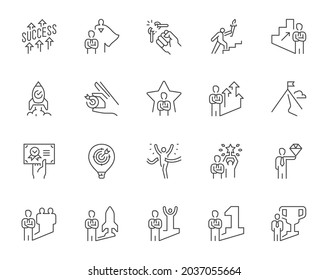 Set of line icons related to success and achievement. Editable stroke.