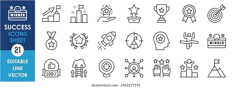 A set of line icons related to success and growth. Success, victory, win, medal, growth, achieve, progress related outline icons set.