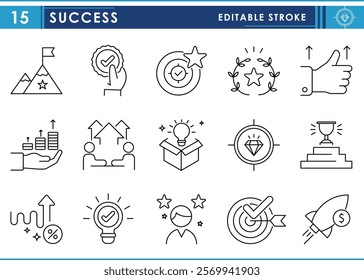 A set of line icons related to Success. Goal, achieve, award, like, profit, win, struggle, innovation, mind, gem, and so on. Vector editable stroke.