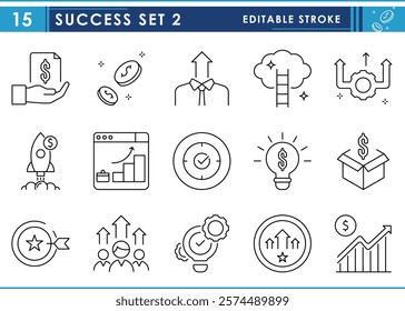 A set of line icons related to Success. Dollar, earn, income, worth, value, promotion, level, increase, idea, innovate, and so on. Vector editable stroke.