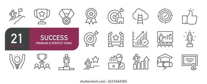 Set of line icons related to success, reward, achievement, goal. Outline icons collection. Vector illustration