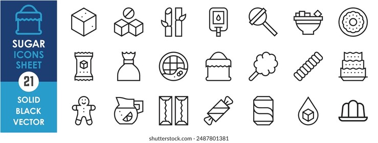 A set of line icons related to sugar. Sweet, no sugar, diabetes, waffles, lollipops, cake, marshmallows, soda, chewing gum, packets, cotton candy, and so on. Vector outline icons set.