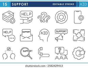 A set of line icons related to Support. Help, aid, call, idea, collaboration, and so on. Vector editable stroke.