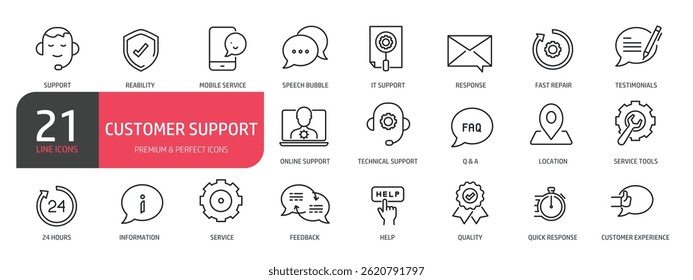 Set of line icons related to support, feedback, testimonial, information. Outline icons collection. Vector illustration.