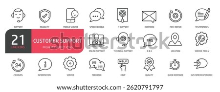 Set of line icons related to support, feedback, testimonial, information. Outline icons collection. Vector illustration.
