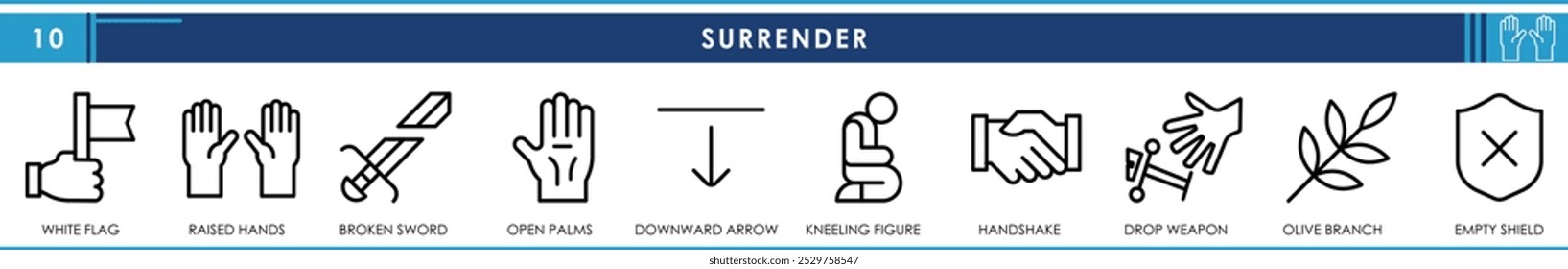 A set of line icons related to Surrender. White flag, raised hands, broken sword, kneel, olive branch, and so on. Vector editable stroke.