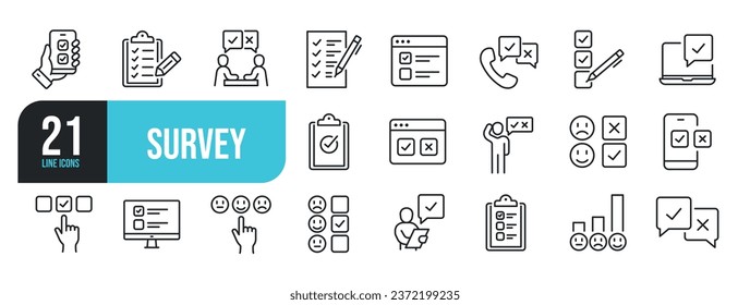 Set of line icons related to survey, rating, opinion, feedback. Outline icons collection. Vector illustration.