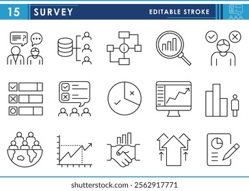 A set of line icons related to Survey. Questionnaire, Feedback, Respondent, Analysis, Opinion, Demographics, statistical data, poll, and so on. Vector editable stroke.