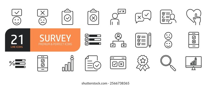 Set of line icons related to Survey, Feedback, Satisfication, Checkmark, Achivement and more. Outline icons collection.Vector illustration.