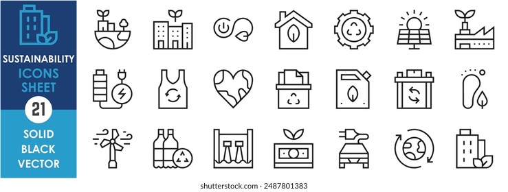 Eine Reihe von Liniensymbolen im Zusammenhang mit Nachhaltigkeit. Speichern Sustain, Öko, Energie, Energie, Planet, Recycling, natürlich, Fabrik und so weiter. Vektorgrafik-Gliederungssymbole festgelegt.