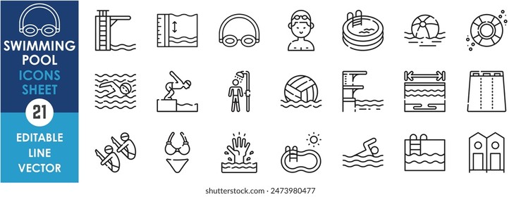 Conjunto de iconos de línea relacionados con la piscina. Nadar, bucear, campeón, deportes, río, piscina, bikini, voleibol y así sucesivamente. Conjunto de iconos de contorno de Vector.