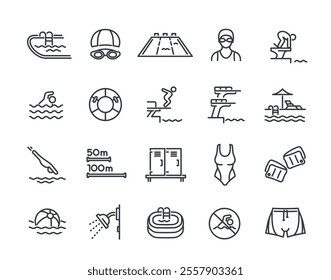 Set of line icons related to swimming pool. Simple symbols with swimmer, swimsuit, pool, dive and inflatable ring. Editable stroke. Outline vector illustration collection isolated on background