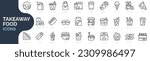Set of line icons related to takeaway food, junk food, fast food, takeout foot, street food. Outline icon collection. Editable stroke. Vector illustration