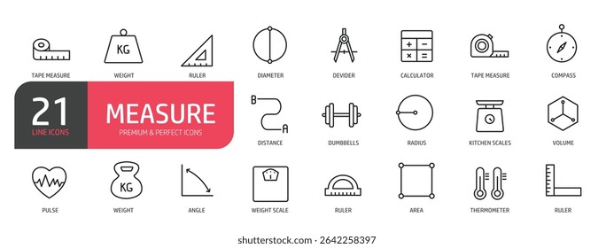 Set of line icons related to tape measure, weight, diameter, ruler, compass. Outline icons collection. Vector illustration.