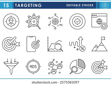 A set of line icons related to Targeting. Target, goal, mindset, job, observation, graph, filter, crosshair, achievement, advertising, and so on. Vector editable stroke.