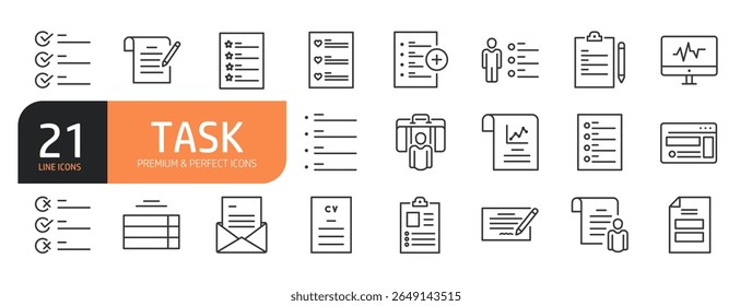 Set of line icons related to Task and more. Outline icons collection. Vector illustration.