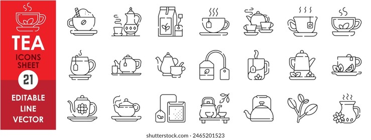 A set of line icons related to tea. Tea, coffee, tea pot, tea party, teabag and so on. Vector outline icons set.