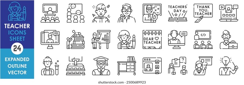 A set of line icons related to Teacher. Teach, profession, online, idea, art, support, speech, lecture, professor, math, science, graduate and so on. Vector outline icons set.