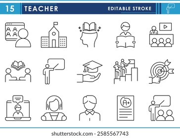 A set of line icons related to Teacher. Teach, impress, lead, study, focus, embrace, online, coaching, evaluation, and so on. Vector editable stroke.