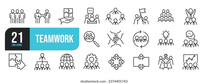Set of line icons related to teamwork, management, collaboration, group, friendship. Outline icons collection. Vector illustration.
