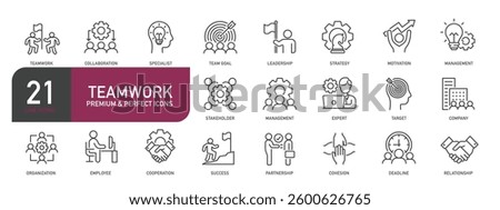 Set of line icons related to teamwork, management, business, collaboration, partnership. Outline icons collection. Vector illustration