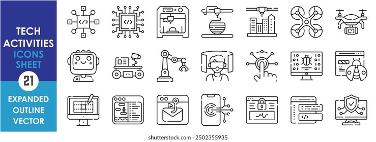 A set of line icons related to Tech Activities. Coding, hacking, 3d printing, drone, robotics, cyber security, virtual reality, game making and so on. Vector outline icons set.