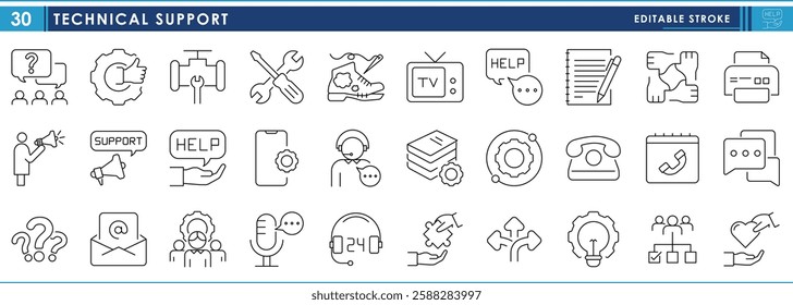 A set of line icons related to Technical Support. Support, help, care, message, call, network, community, solution, solve, gear, and so on. Vector editable stroke.