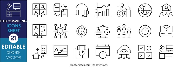 Um conjunto de ícones de linha relacionados ao trabalho à distância. Treinamento online, freelancer, trabalho, dinheiro, internet, headset, compartilhamento de arquivos, segurança cibernética, modo de foco e assim por diante. Traçado editável de vetor.