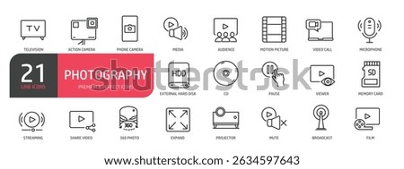 Set of line icons related to television, external hard disk, film, streaming, 360 photo. Outline icons collection.  Vector illustration.