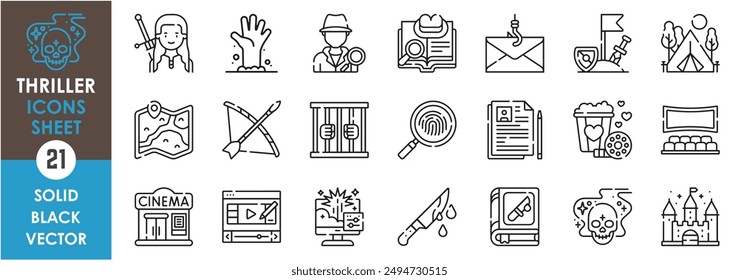 A set of line icons related to thriller. Movie, suspense, adventure, cinema, vintage, horror, production, map, detective, crime, and so on. Vector outline icons set.