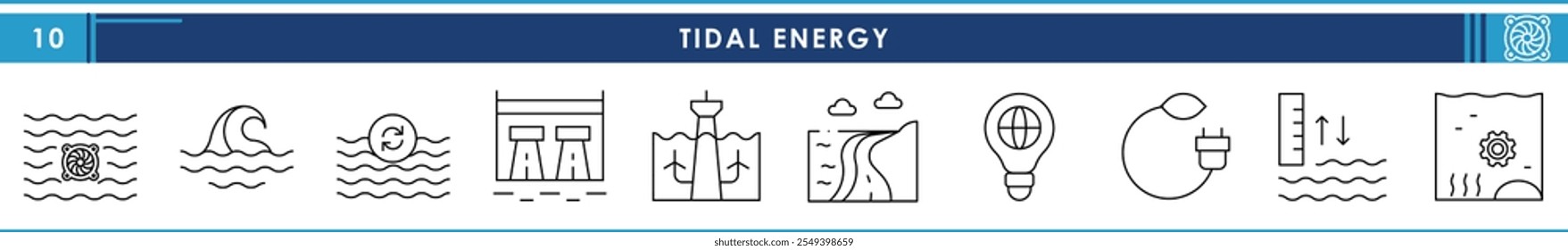 A set of line icons related to Tidal Energy. Tide, underground, offshore, electricity, renewable, and so on. Vector editable stroke.