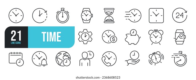 Set of line icons related to time, clock, calendar, timer. Outline icons collection. Vector illustration.