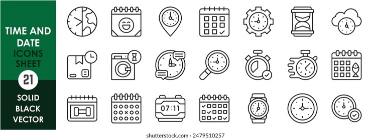 A set of line icons related to time and date. Time, watch, clock, alarm, digital, stopwatch, delivery time, calendar, tasks, mark, and so on. Vector outline icons set.