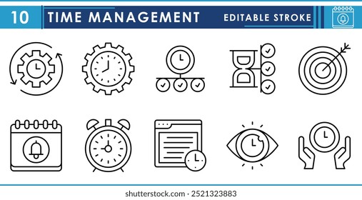 A set of line icons related to Time Management. Time, alarm, reminder, target, vision, efficiency, hourglass, and so on. Vector editable stroke.