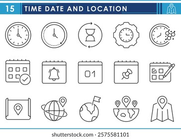 A set of line icons related to Time, Date, and Location. Watch, hourglass, time management, calendar, events, date, world, pin drop, map, and so on. Vector editable stroke.