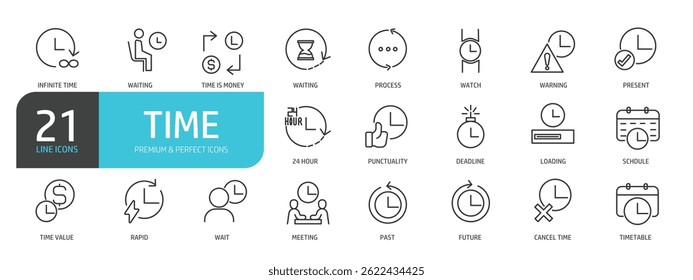 Set of line icons related to time, clock, watch. Outline icons collection. Vector illustration.