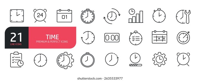 Conjunto de ícones de linha relacionados a hora, data, hora, alarme, calendário. Coleção de ícones de tópicos. Ilustração vetorial.