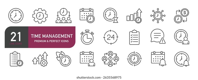 Set of line icons related to time management, business, . Outline icons collection. Vector illustration