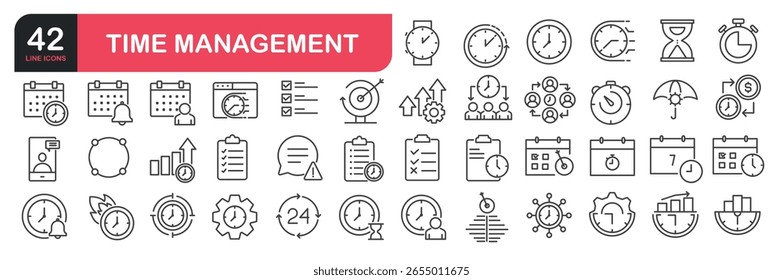 Set of line icons related to time management, business, . Outline icons collection. Vector illustration