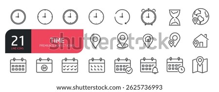 Set of line icons related to time, date and address. Outline icons collection. Vector illustration.