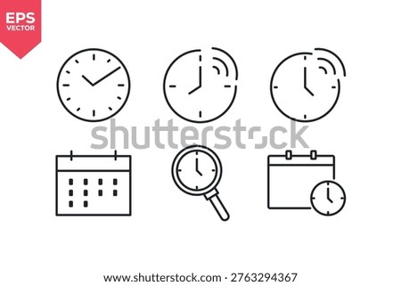 Set of line icons related to time, clock, calendar, date and time. Vector illustration
