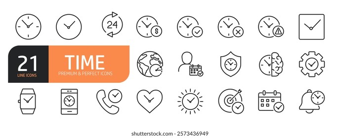 Set of line icons related to Timer, alarm, schedule, clock, world clock and more. Outline icons collection. Vector illustration.