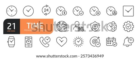Set of line icons related to Timer, alarm, schedule, clock, world clock and more. Outline icons collection. Vector illustration.