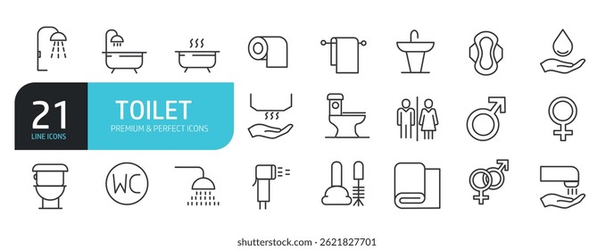 Set of line icons related to toilet, bathroom. Outline icons collection.Vector illustration.