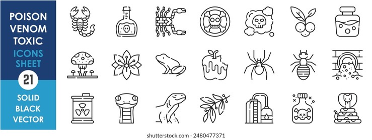 A set of line icons related to toxic, venom and poison. Poison, snake, scorpion, food, salamander, lab, plant, lily, chemical, mushroom, lizard, danger and so on. Vector outline icons set.