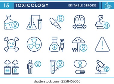 A set of line icons related to Toxicology. Toxic, poison, venom, chemistry, death, mushroom, antidote, radioactive, investigation, and so on. Vector editable stroke.