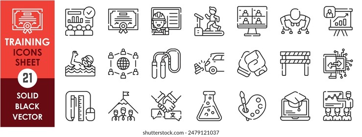 A set of line icons related to training. Train, innovate, progress, gym, physical, leadership, machine learning, swimming, study, worldwide, driving, and so on. Vector outline icons set.